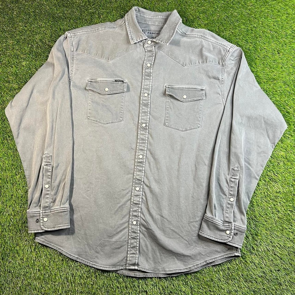 Poncho Mens Large Western Denim Shirt Gray Snap Front Long Sleeve Pearl Snap Top